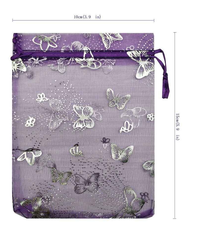 Ankirol 100pcs Sheer Organza Favor Bags Purple Butterfly Print For Wedding Gift Bags Samples Display Drawstring Pouches (4x6) - Image 2